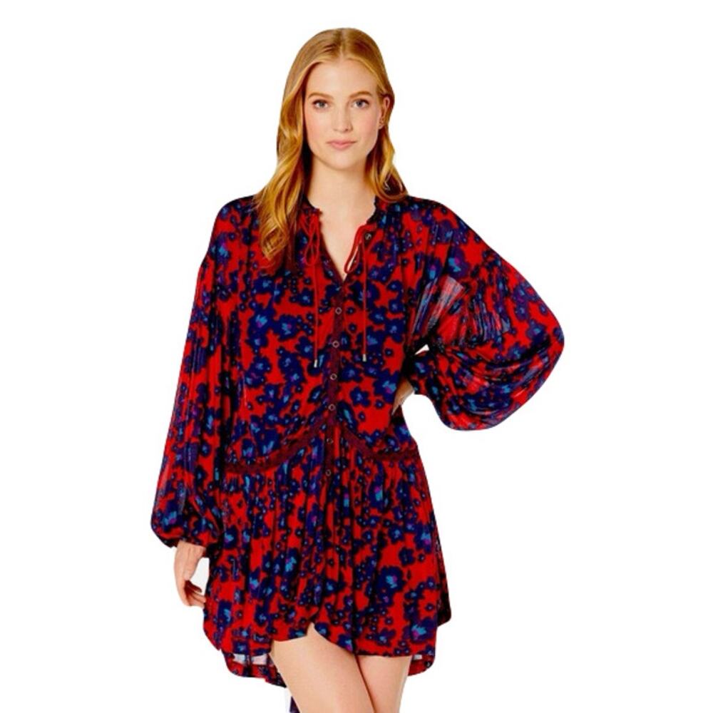 NWOT FREE PEOPLE Dress Tunic M Red Blue Geo-Print Balloon-Long-Sleev”Love Letter